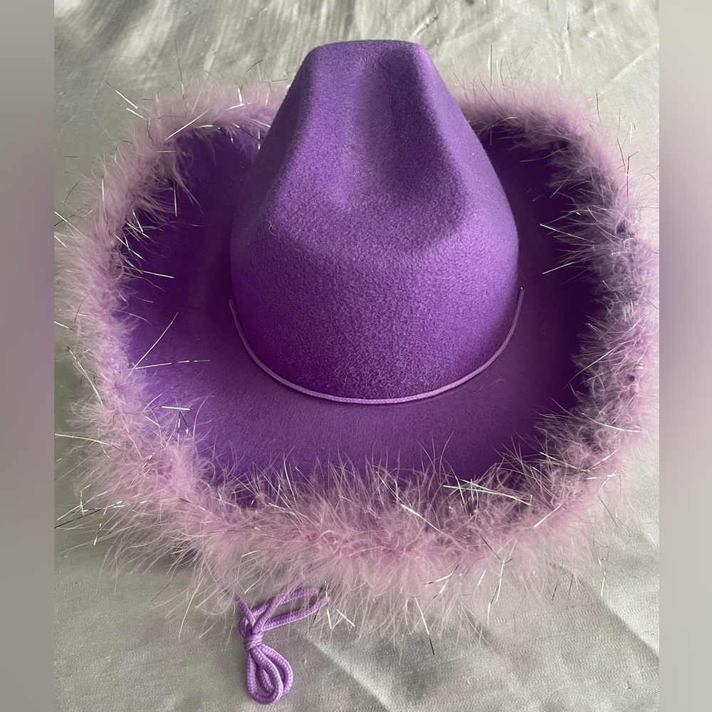 Purple Cowgirl Hat with feather and tinsel detailing (One size)